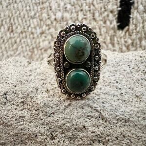 ❤️ Kingman Turquoise 2 Stone 925 Sterling Decorative Sz 6.75 Navajo Ring 3.8 Gm